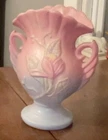 VINTAGE HULL POTTERY PINK VASE W/ BEAUTIFUL FLORAL DESIGN. 7" TALL