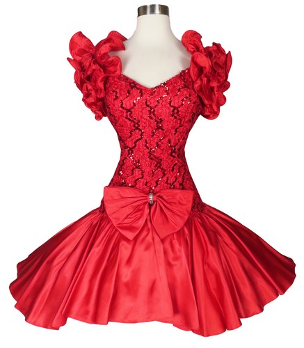 Vintage 80s Red Ruffle Sleeves Satin Sequin Lace Full Skirt Prom Party Dress S - Picture 2 of 13