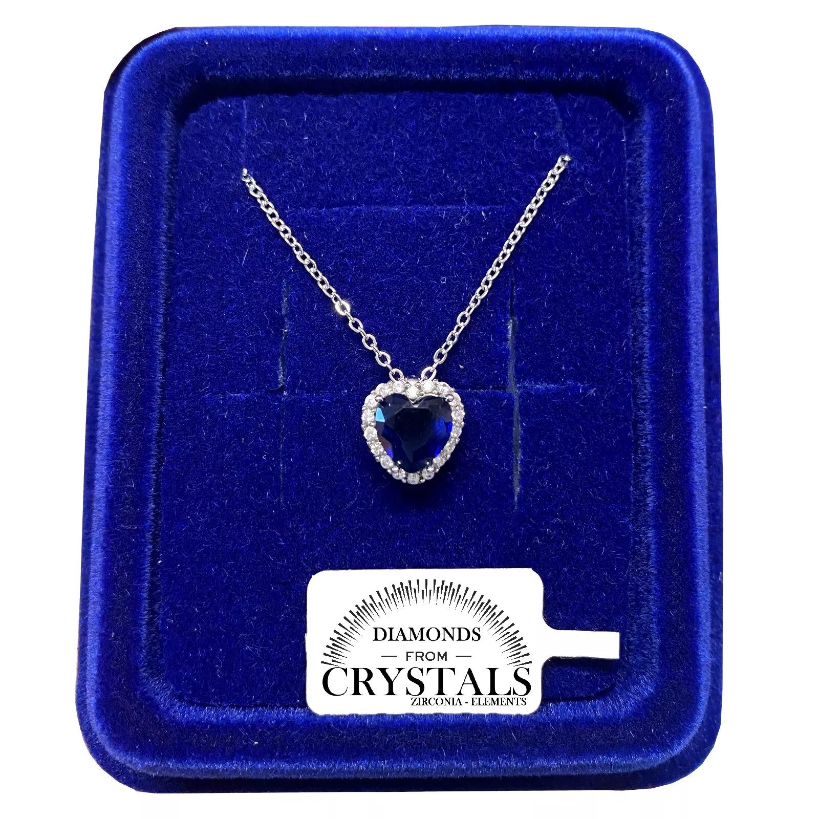 Collar Corazón Azul Noche Cadena Pl. Oro Blanco 18k Con Cristales Zirconio S/10