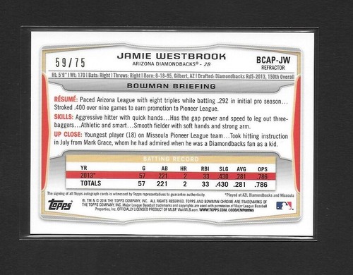 JAMIE WESTBROOK 2014 Bowman Chrome GREEN REFRACTOR *AUTO* RC /75 Boston Red Sox - Picture 2 of 2
