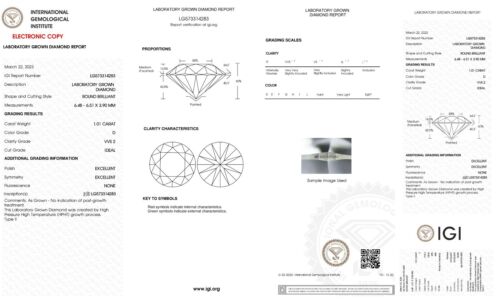 IGI Certified Round Lab Grown Loose Diamond -1.03 Carat VS1/G Ideal Cut - Picture 3 of 6