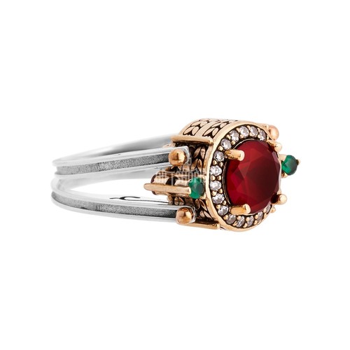 Turkish Reversible Round Emerald and Ruby Topaz 925 Sterling Silver Ring - Picture 6 of 10