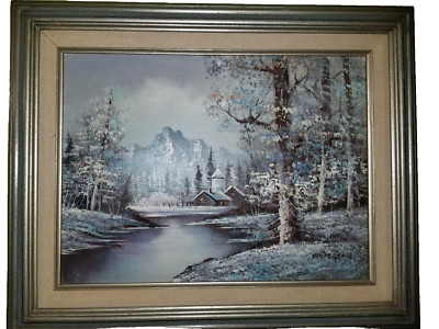 HENDERSON 21x17 ''Tranquil Snowy Cabin Night'' Original Oil Painting - Prof. Frame