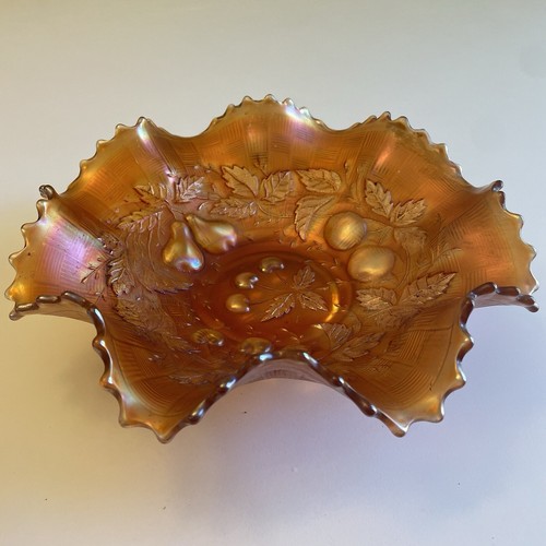 Northwood Marigold Carnival Three Fruits Ruffled Edge 9” Glass Bowl Cherry #O - Picture 4 of 8