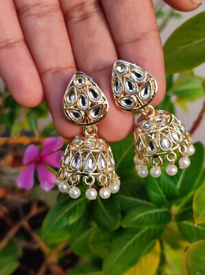 Bollywood Style Gold Plated Indian Jewelry Pearl Kundan Jhumka