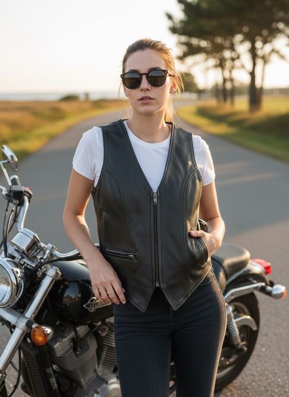 Women’s Leather Motorcycle Vest Black Biker Riding Vest Xpert First MFG XS