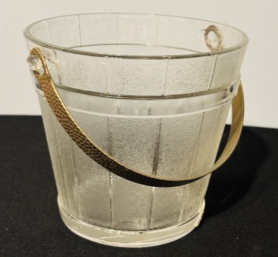 Vintage Anchor Hocking Ice Bucket Frosted Glass Hammered Metal Handle 1960 s