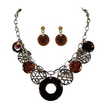 Brown and silver round dangling disk necklace and earring set silver chain New