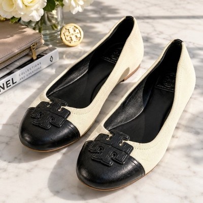 Tory Burch Minnie Travel Ballet Flats Ivory Canvas Black Cap Toe 11M GUC