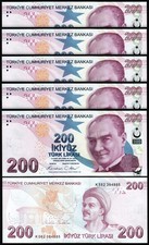 Turkey 200 Lira 2009 - 2026, UNC, 5 Pcs LOT, Prefix K, P-227, NEW DATE