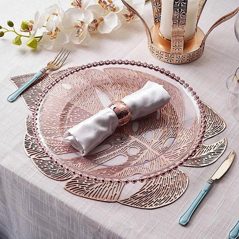 6 ROSE GOLD 18" Tropical Monstera Leaf Metallic Vinyl PLACEMATS Wedding Party - Image 4 of 4