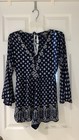Angie Bohemian Romper Long Sleeve Navy Blue White Medallion Geometric Woman Sz S — photo 1