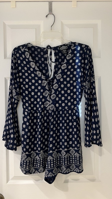 Angie Bohemian Romper Long Sleeve Navy Blue White Medallion Geometric Woman Sz S