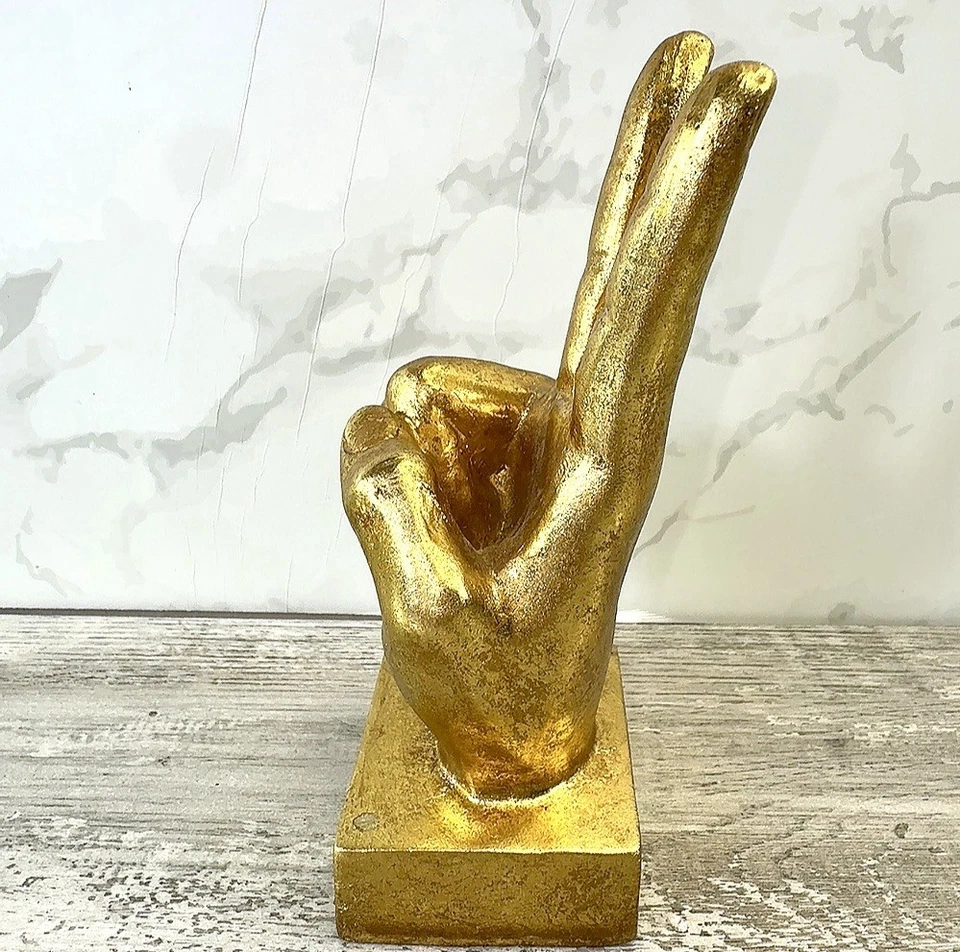 Letrero de paz dorado estatua de mano escultura de victoria decoración moderna arte de acento Foto 2 de 4