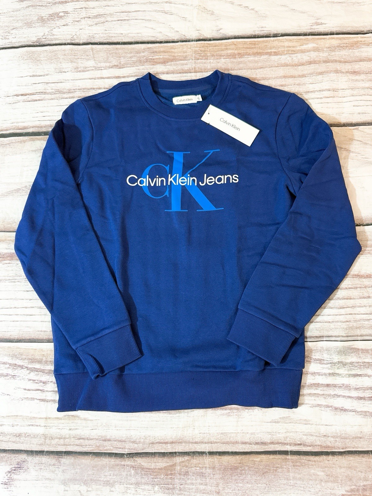 S Ck Logo Fleece Pullover Crewneck Blue Medium