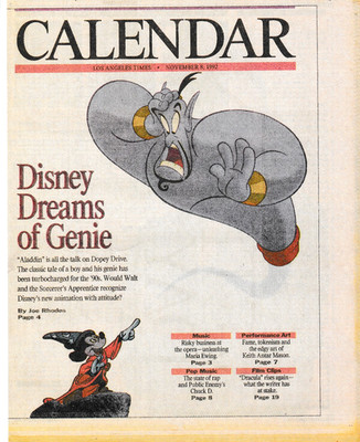 ALADDIN newspaper feature in 1992 L.A. TIMES CALENDAR - Al Hirschfeld interview