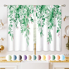 Emerald Teal Eucalyptus Botanical Leaves Floral Kitchen Window Curtains Over Sin