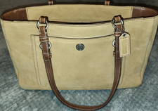 Coach Beige Brown Shoulder Bag Double Handles Zip Closure Stitching Brand Card