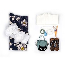 Women's Blue Cotton Yukata Kimono Set with obi, accessories, washable, used