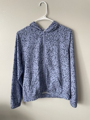 ebb & flow Blue Gray Leopard Print Hooded Track Jacket S Full Zip Polyester