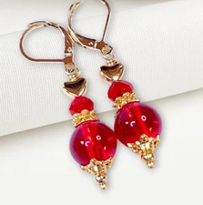 Red Crystal Heart Earrings Gold Dangle Leverback Handmade