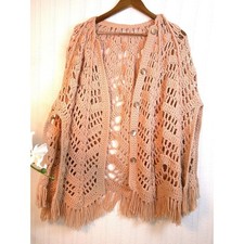 Vintage 70's Handmade Camel Pink Crochet Knit Poncho/Shawl/Cape