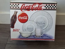 COCA-COLA Coke&rsquo;s 16 Piece GLASS DISH Set NIB Dinner & Dessert Plate Mug Bowl x 4