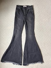 Womens High Waisted Bell Bottom Jeans Black Wash Raw Hem Flare Button Fly Boho 7