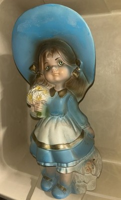 Antique Chalkware Girl With Shaggy Dog 1940 s Spring Easter Bonnet. 11.75 x