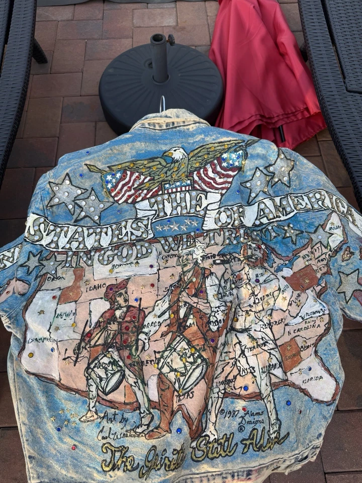 Chaqueta de Cuero Tony Alamo EE. UU. Estados Unidos Patriótico Estrás De Colección Única en Su Clase Foto 4 de 4