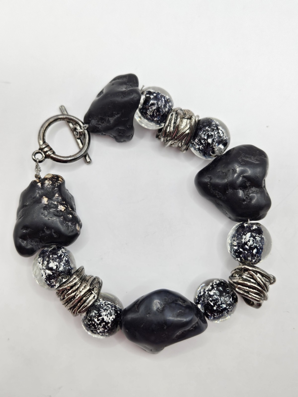 Handmade Lava Stone And Silver Foil Bead Bracelet Chunky Blue Black Boho Earthy