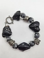 Handmade Lava Stone And Silver Foil Bead Bracelet Chunky Blue Black Boho Earthy