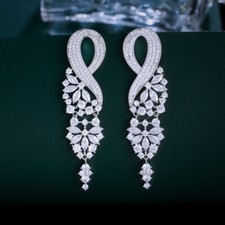 Symmetrical Silver Plated CZ Bridal Long Flower Leaf Crystal Dangle Drop Earring