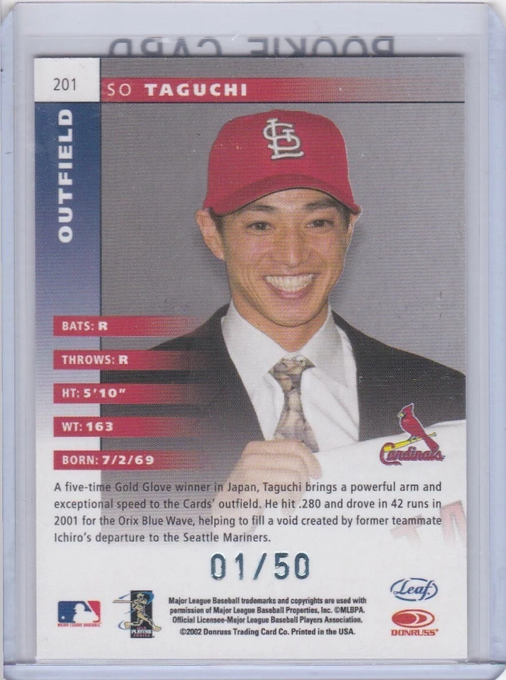 Tarjeta de novato So Taguchi 2002 Leaf Baseball RC $$ RARA Hawaii Show #'d 01/50 SP!!! Foto 2 de 2