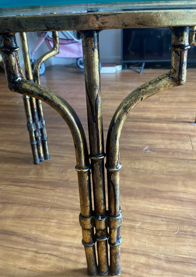 Hollywood Regency Italian Glass, Brass, Bamboo Coffee Table Mid Century Antique - Image 4 of 4