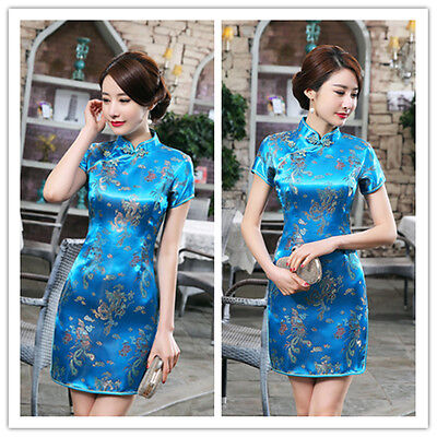Traditional Chinese Women Silk Satin Mini Dress Cheongsam Qipao Blue S-6XL 