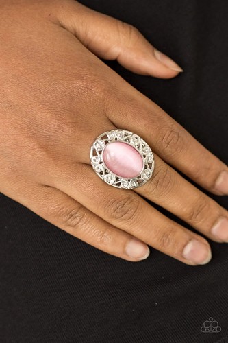 Paparazzi "Moonlit Marigold" Silver Floral Filigree Pink Moonstone Flex Fit Ring - Picture 2 of 2