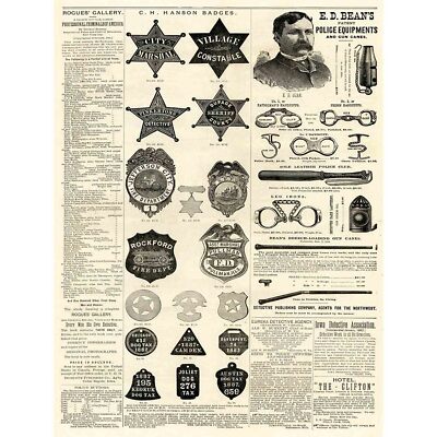 MAGAZINSEITE POLIZEI AUSRÜSTUNG SHERIFF ABZEICHEN USA 30X40 CMS FINE ART PRINT KUNST PO