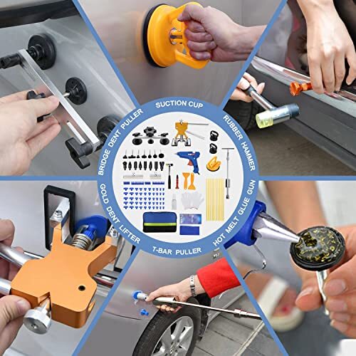 25pcs Paintless Dent Repair Kit With Dent Puller Slide Hammer T-Bar Slide Hammer, 18 Dent Removal Tabs 6 Hot Glue Sticks For Car Body Hail Damage Remover