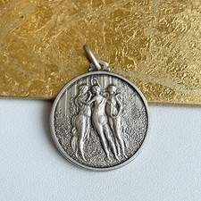 Sterling Silver Solid Greek Three Graces Matte Medal Pendant Byzantine 30mm