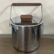 Vintage Atapco Mid Century Modern Chrome Silver Teak Wood Ice Bucket Made In USA