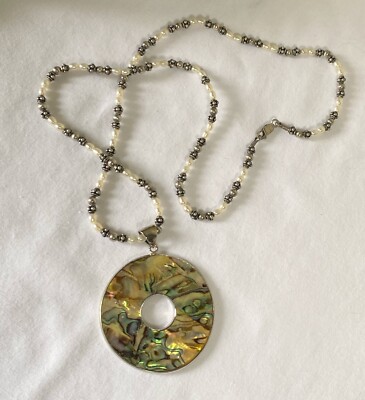 SS 925 Abalone & MOP Round REVERSIBLE PENDANT & 23  Pearl & Silver Bead Necklace