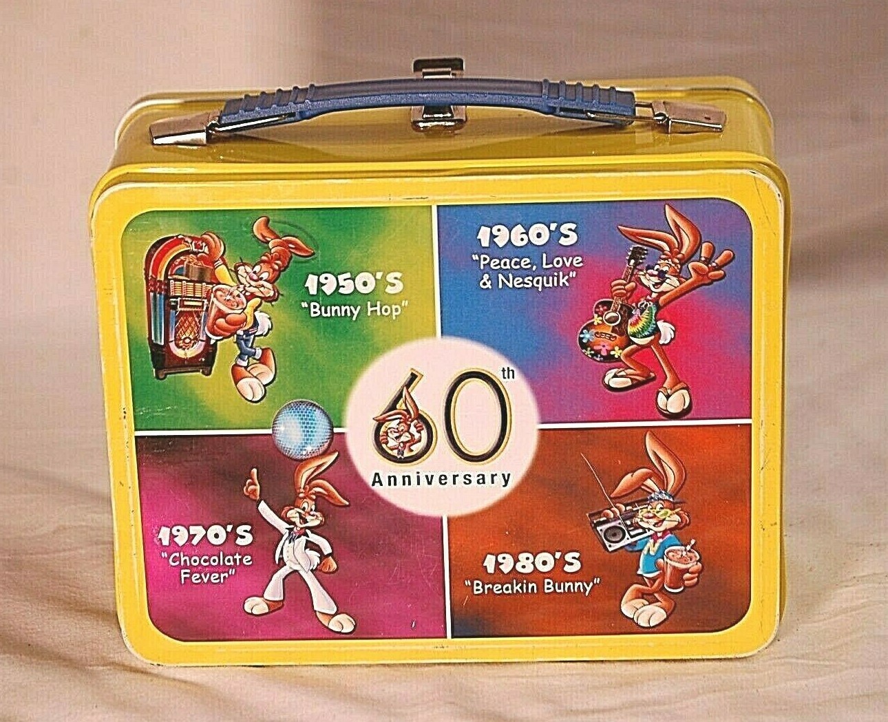 Nestlé Nesquik Choc. Lonchera de hojalata Bunny lonchera amarilla cubo metal cajas bosley