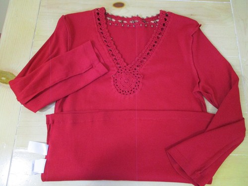 JONES NEW YORK Sport cotton ribbed knit 3/4 sleeve shirt red crochet & beads - Picture 14 of 19