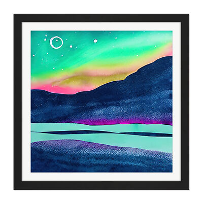 Northern Lights Aurora Mountain Landscape Square Framed Wall Art Picture Print
