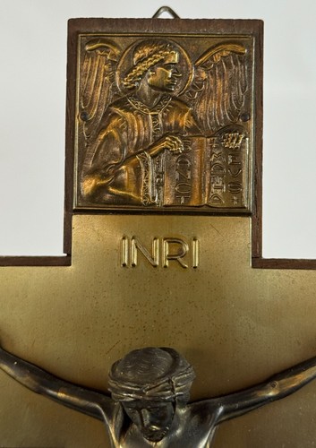 Vintage Germany Cast Brass Wood INRI Crucifix Saints Wall Cross Catholic 9.5" - Picture 4 of 9