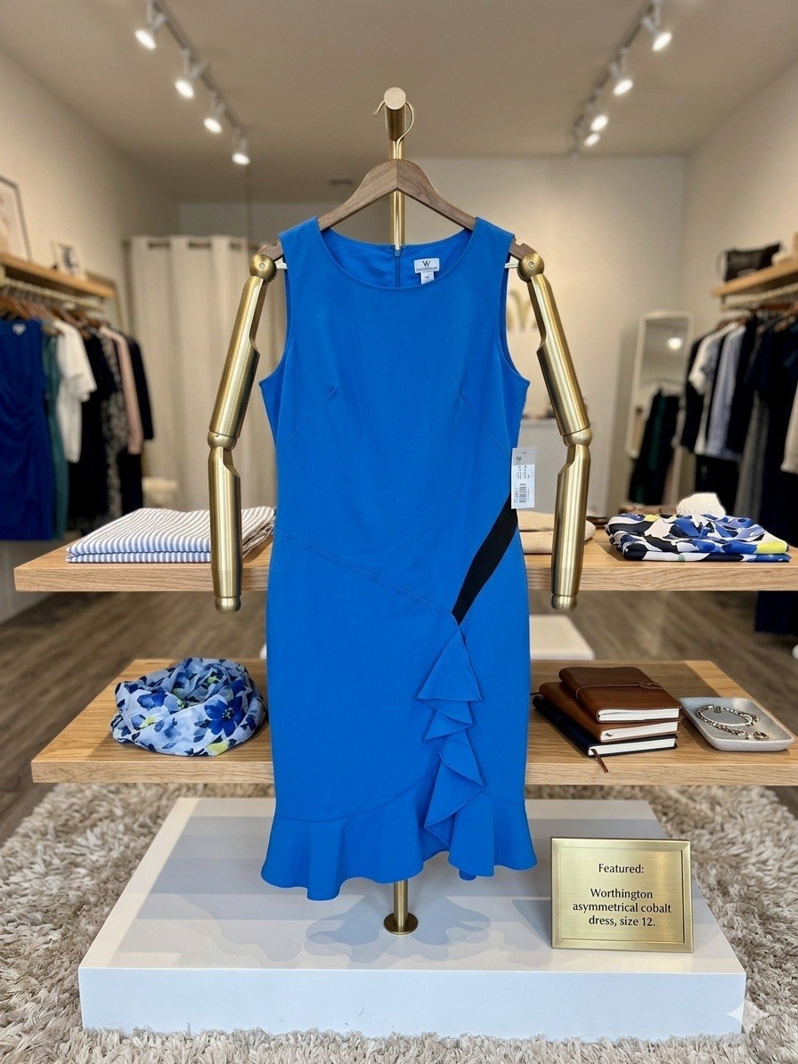 Worthington Asymmetrical Sheath Dress Ruffle Accent Sleeveless Cobalt Blue 12