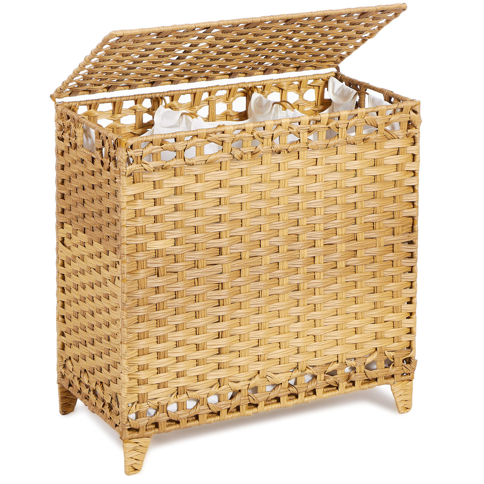 3-Bag Laundry Hamper with 132L Handwoven Rattan Basket and Removable Liners-image