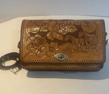 Vtg 1950s Horse Ranch Brown Hand Tooled with Roses Leather Flap Top Western Bag