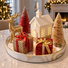 Christmas Table Centerpiece Decor Set 7pc Light Up House Reindeer Tray Trees